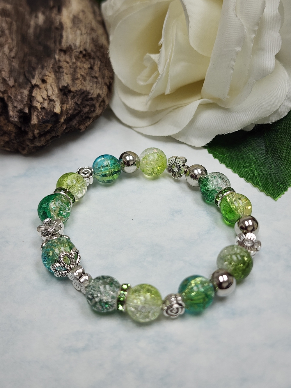 Stretch Bracelet Green and Blue Crackled Glass Beads With Floral Spacers - Picture 2 of 6
